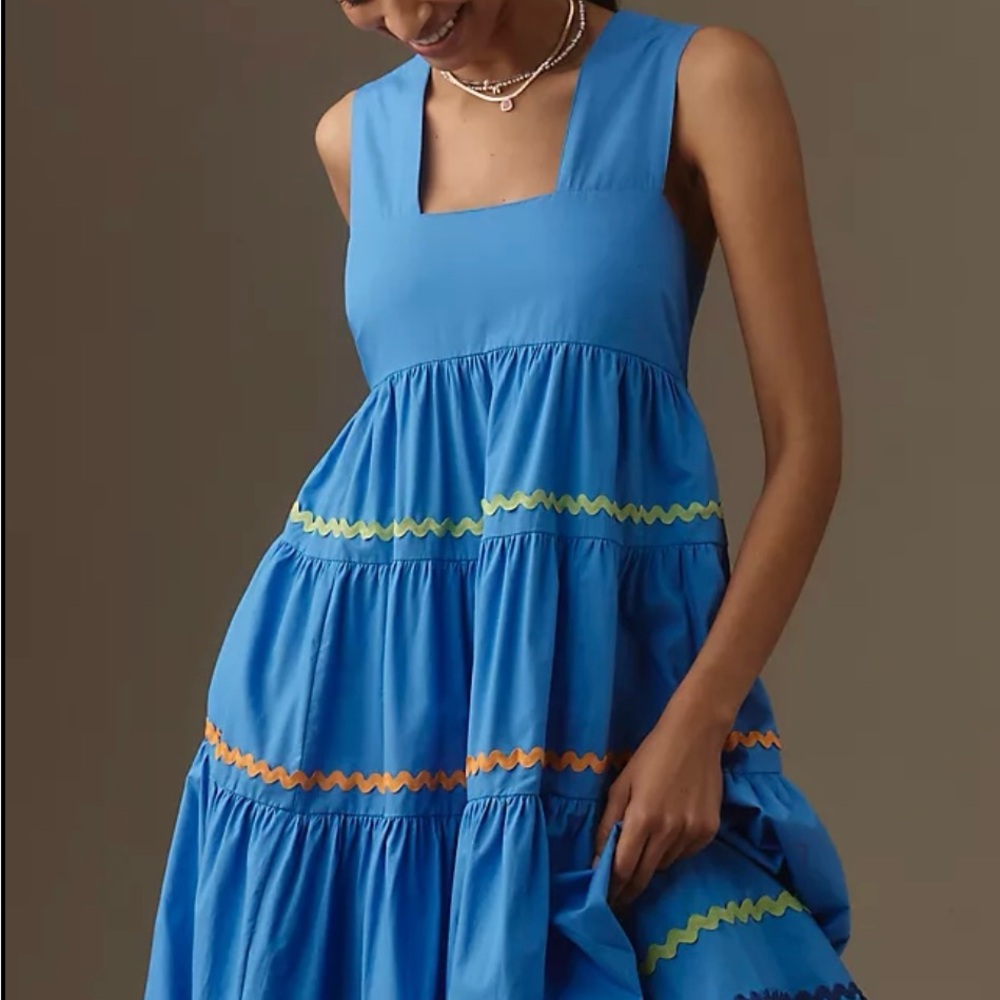 Anthropologie Blue Tiered Midi Dress with Colorful Accents